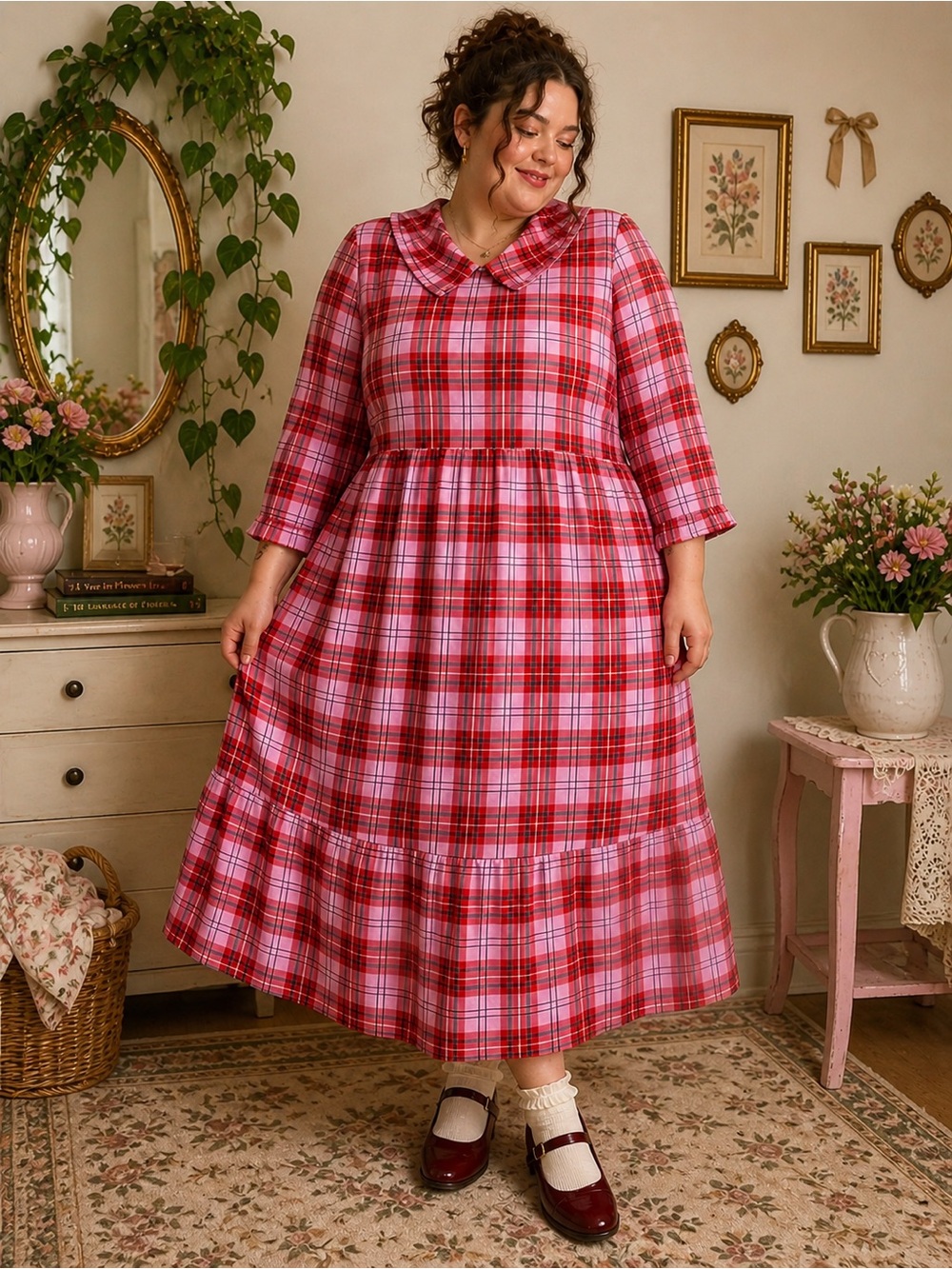 Joanie Pink Plaid Peter Pan Collar Midi Dress NWT Cottagecore 16